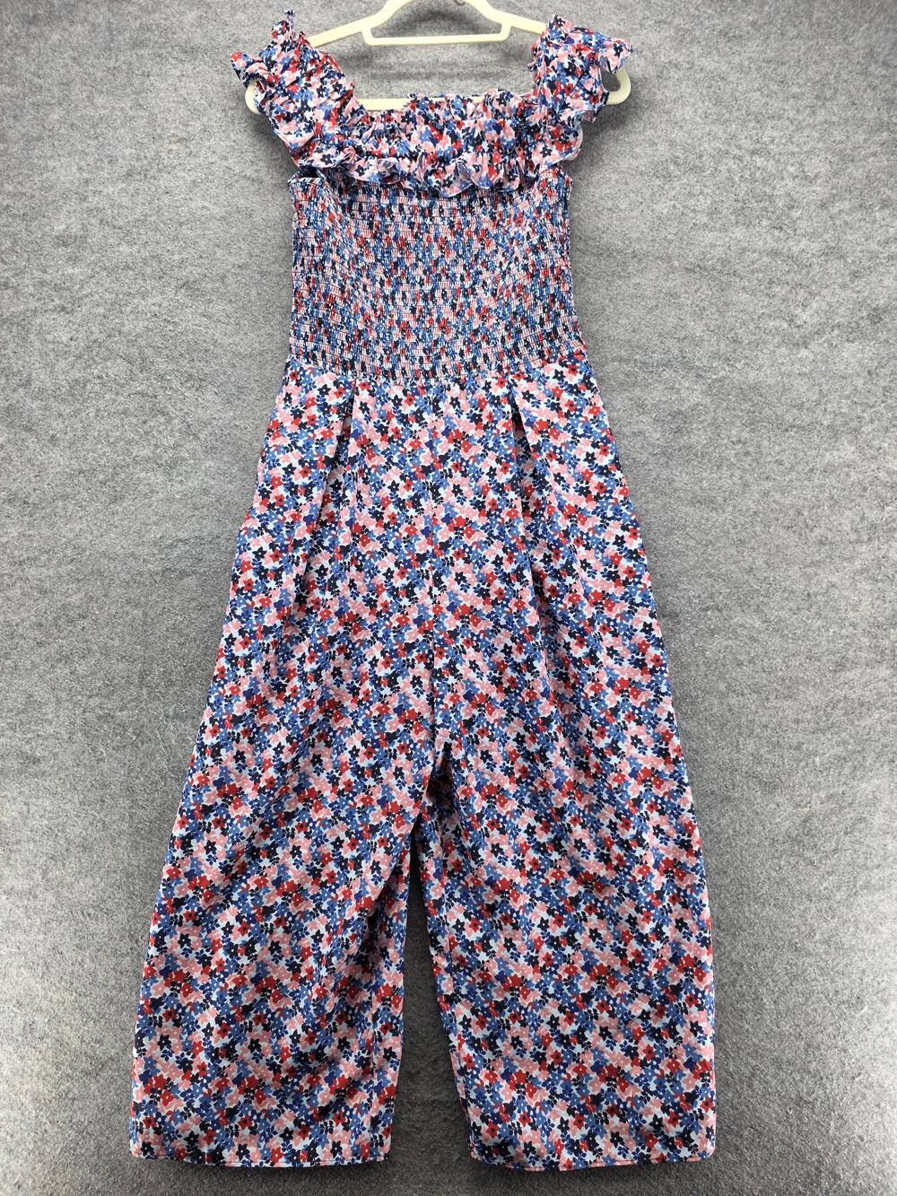 1901 Jumpsuit Womens 10 Blue Red Floral Smocked Ruffle Wide Leg Romper